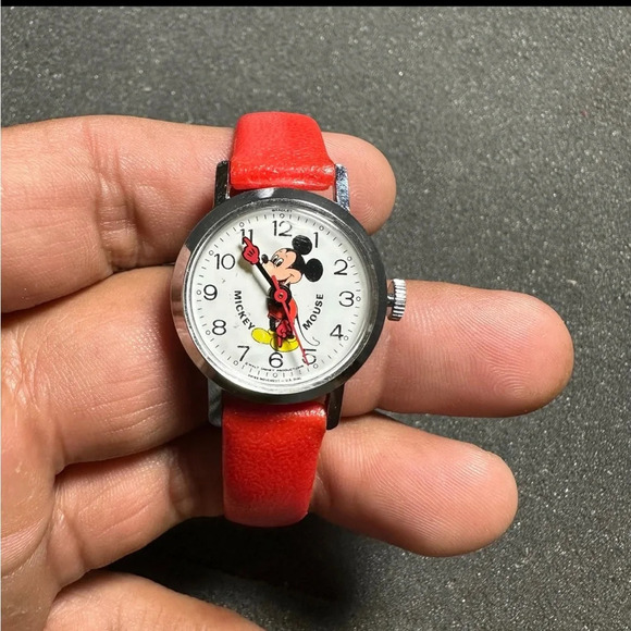 Vintage Disney Mickey Mouse Watch Mechanical Wind Up Plastic Red Band  Working - Picture 1 of 9